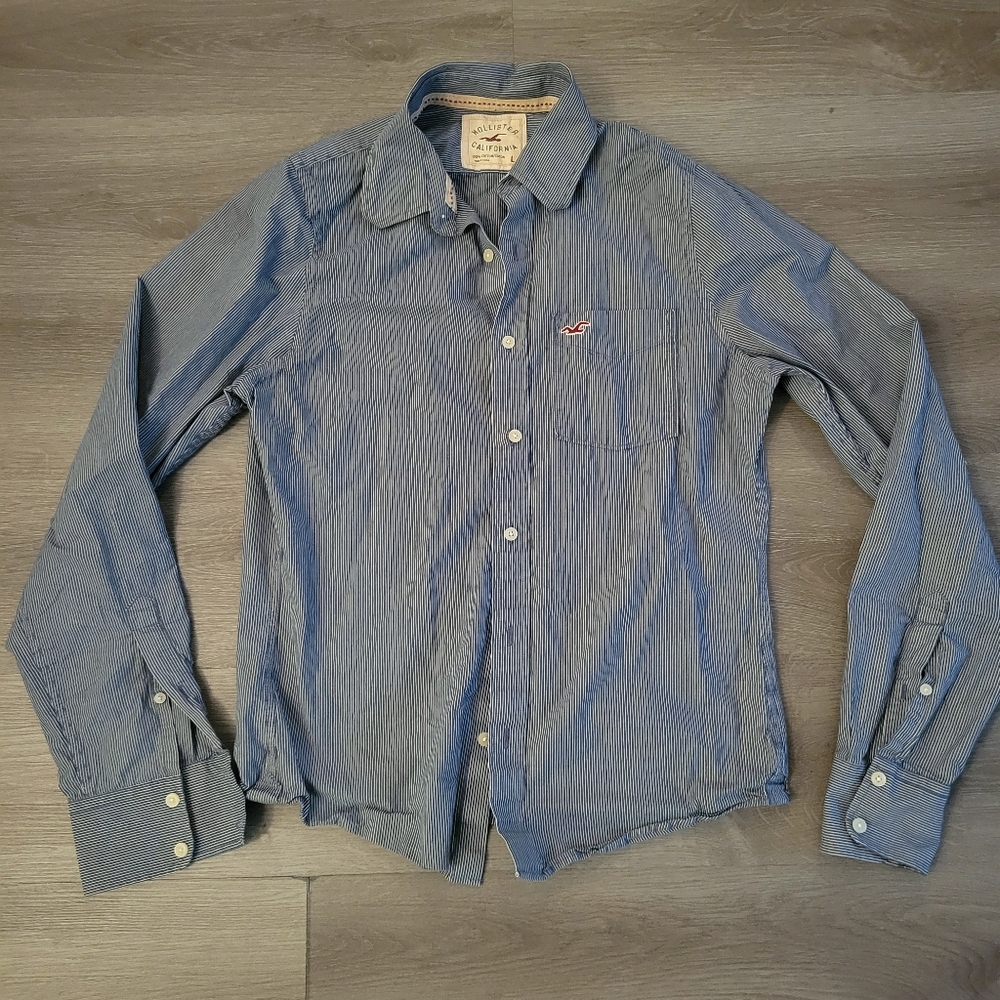Hollister California Blue Striped Button Uo Shirt Mens Large Front Pocket Thick
